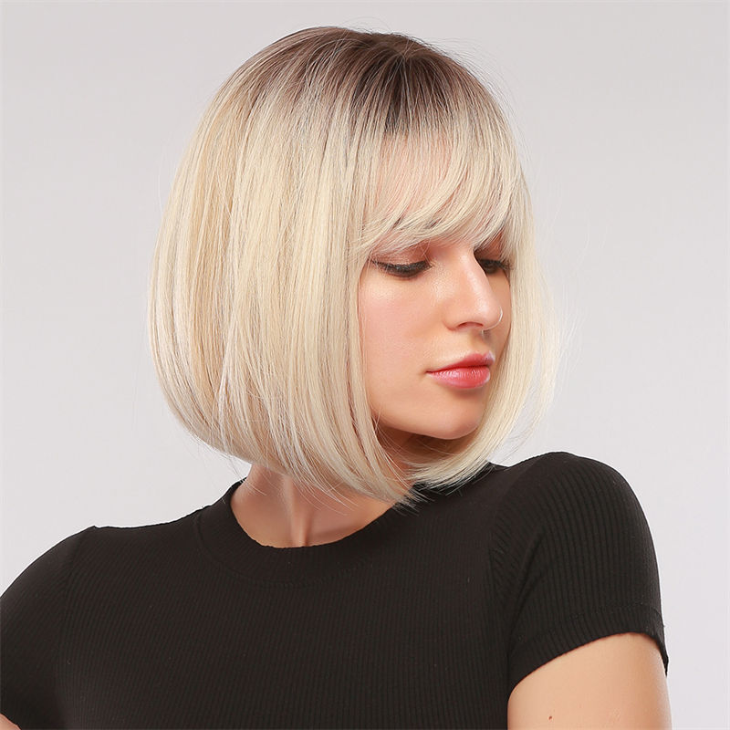 Pink Bobo Short Hair Full Head Cover Gradient Fashion Straight Bangs Wig