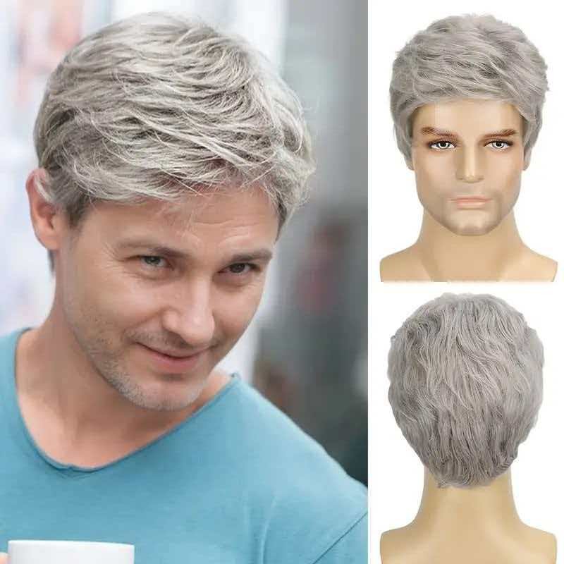 6in Men’s Silver Gray Full Wig Heat Resistant Synthetic Cosplay Halloween Party