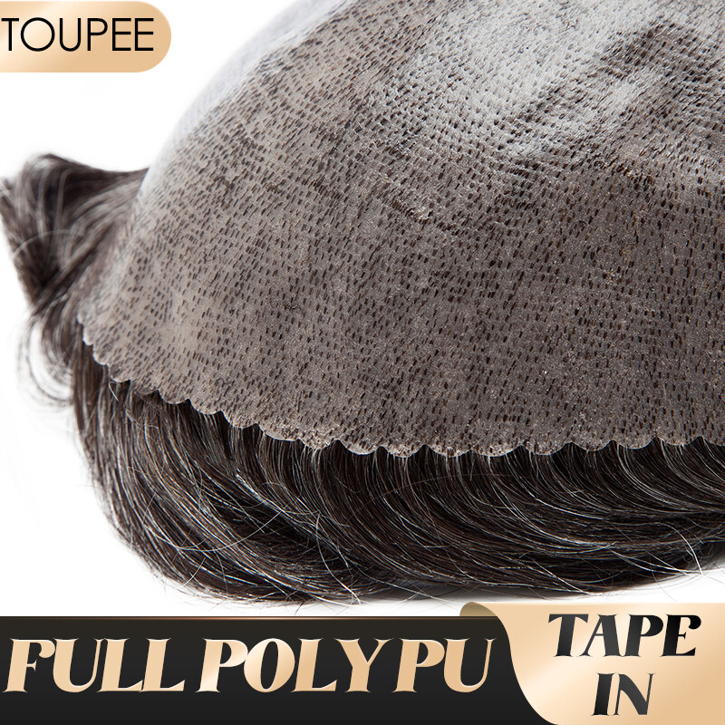 Full Poly Skin Mens Toupee PU Remy Human Hair System Replacement Wigs for Men US