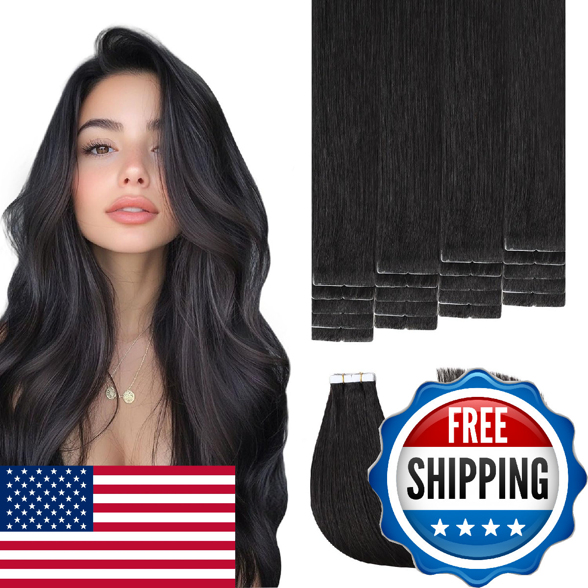 Sweetmet Invisible Tape in Hair Extensions Real Human Hair Pro3.0#1B Natural Bla