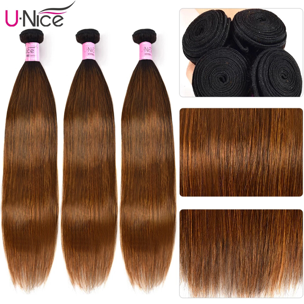 UNice Indian Ombre Brown Balayage Straight 3 Bundles Human Hair Weave Extensions