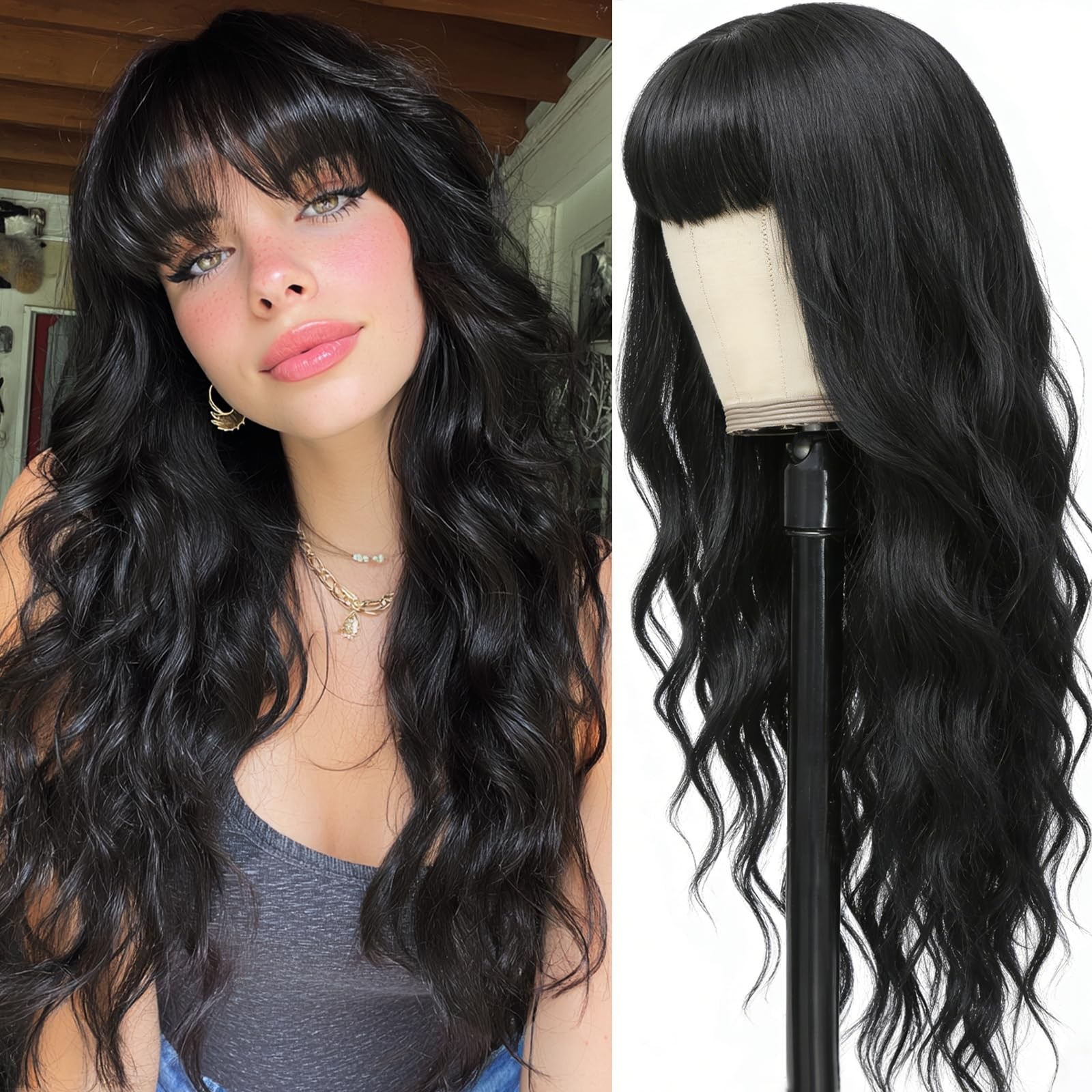 Black Wig with Bangs Long Black Wavy Wigs for Women 26 Inch Long Synthetic Wi…