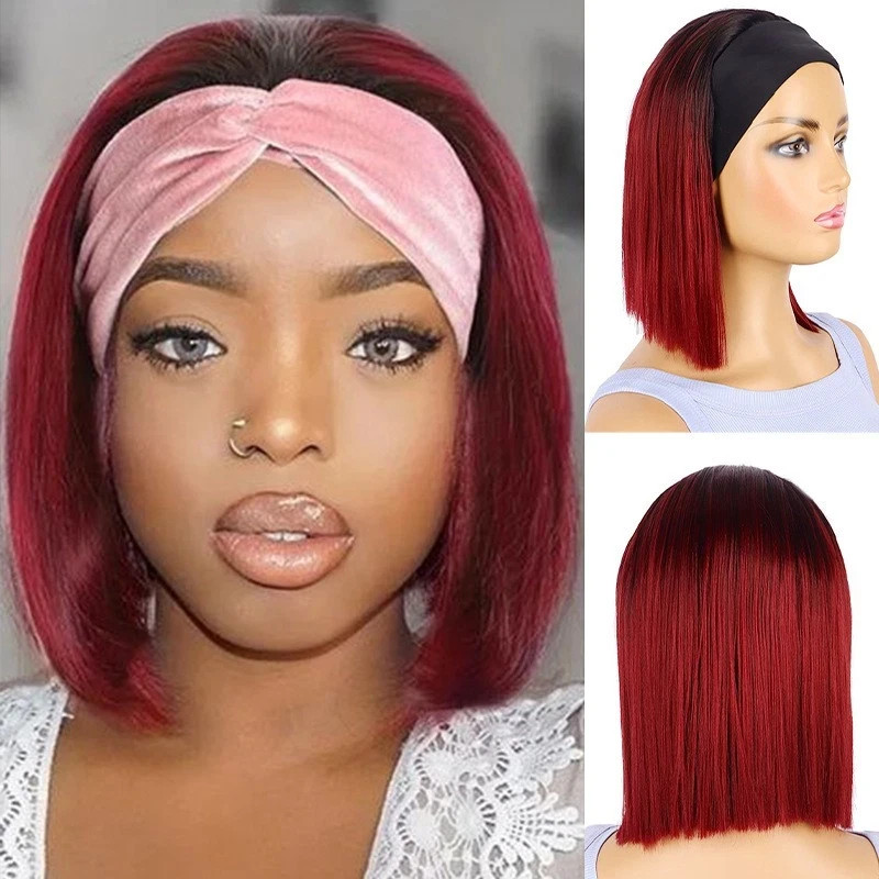Short Straight Ombre Burgundy Headband Hair Bob Wig Women Synthetic Daily Party
