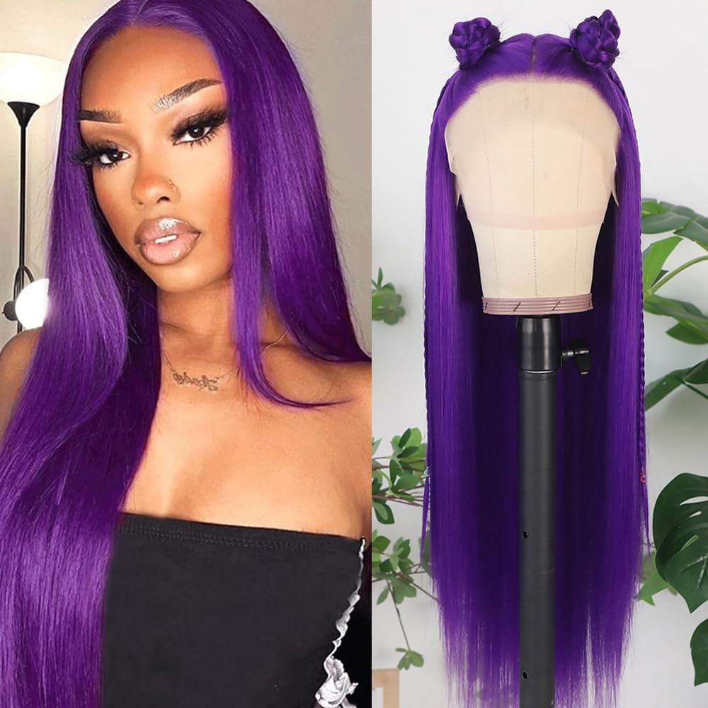 Missyvan Synthetic Lace Front Wig Long Straight Dark Purple Lace Front
