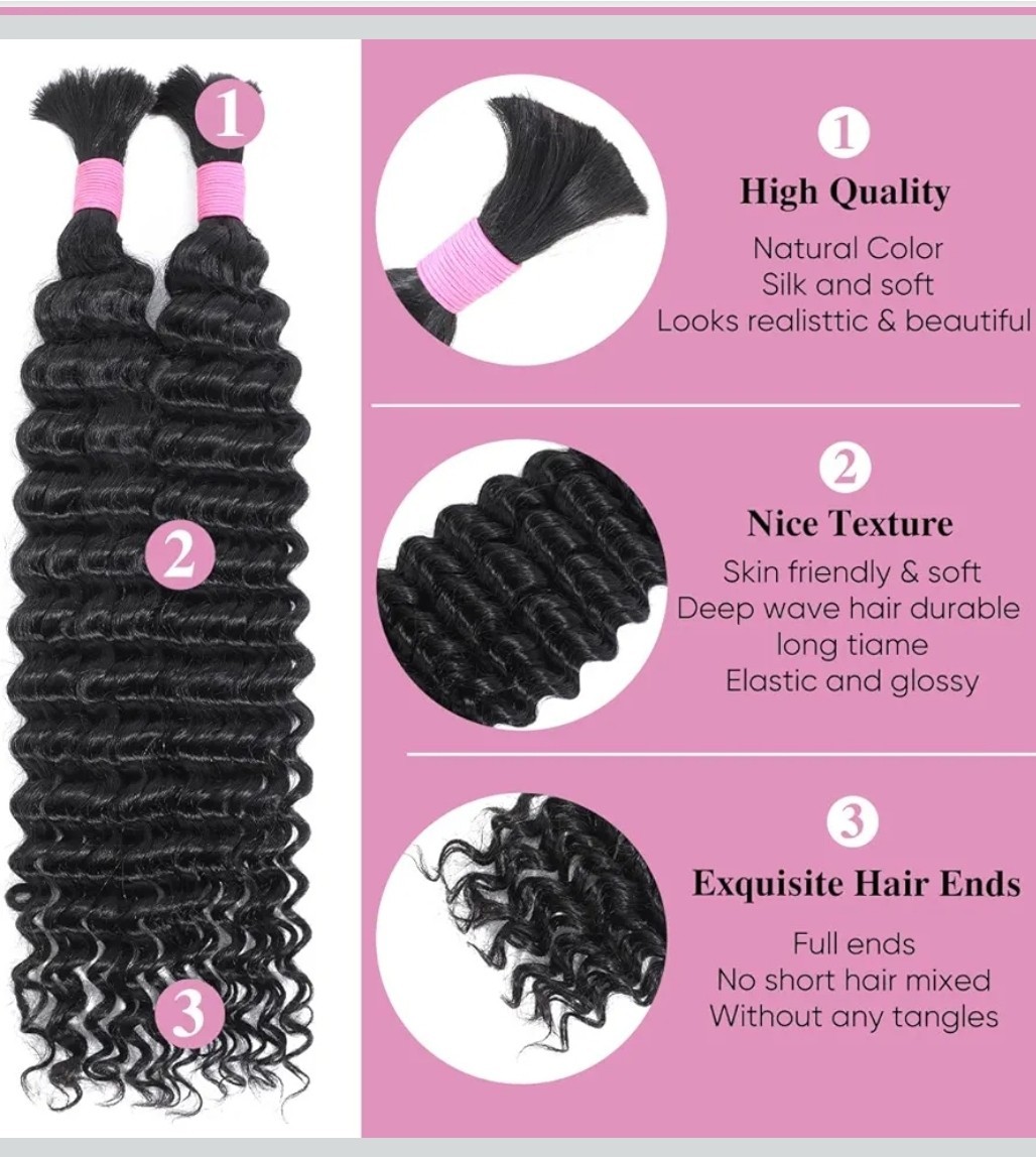 20Inch 2 Bundles OF Human Braiding Hair,Deep Wave,Bulk Hair For Knotless Braids