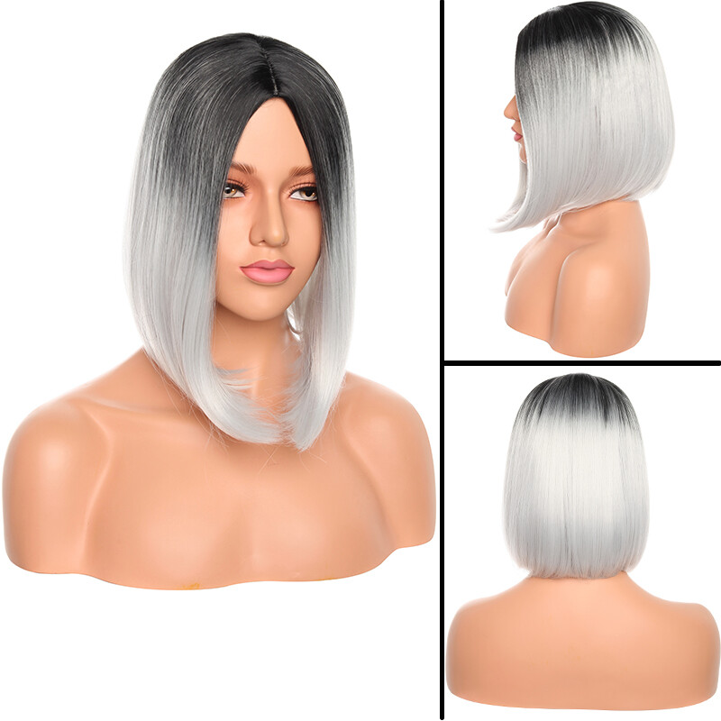 Full Synthetic Ombre Gray Linen Hair Straight Women Wigs with Rose net 12″ Long
