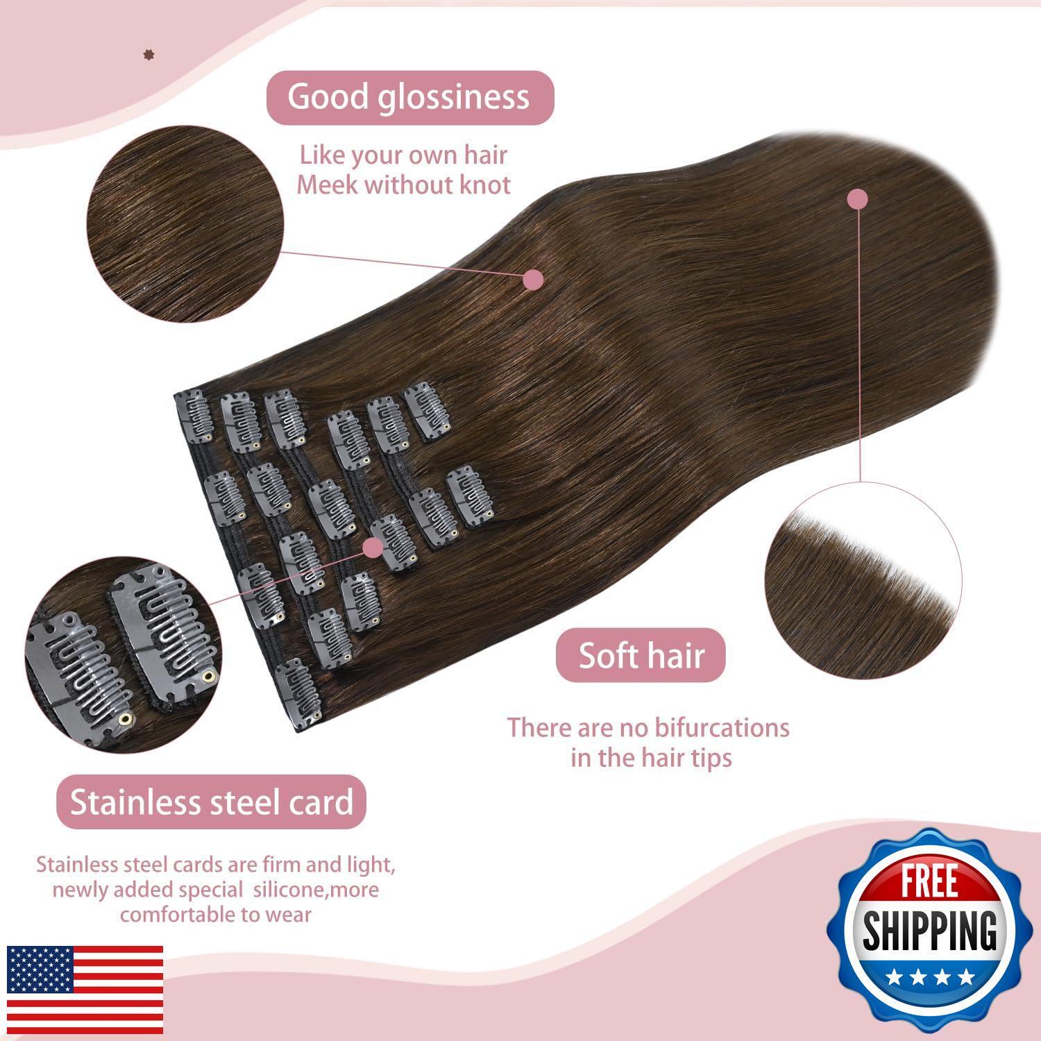 HUAYI Medium Brown Clip in Hair Extensions Real Human Hair, 14 inch 120g 7Pcs