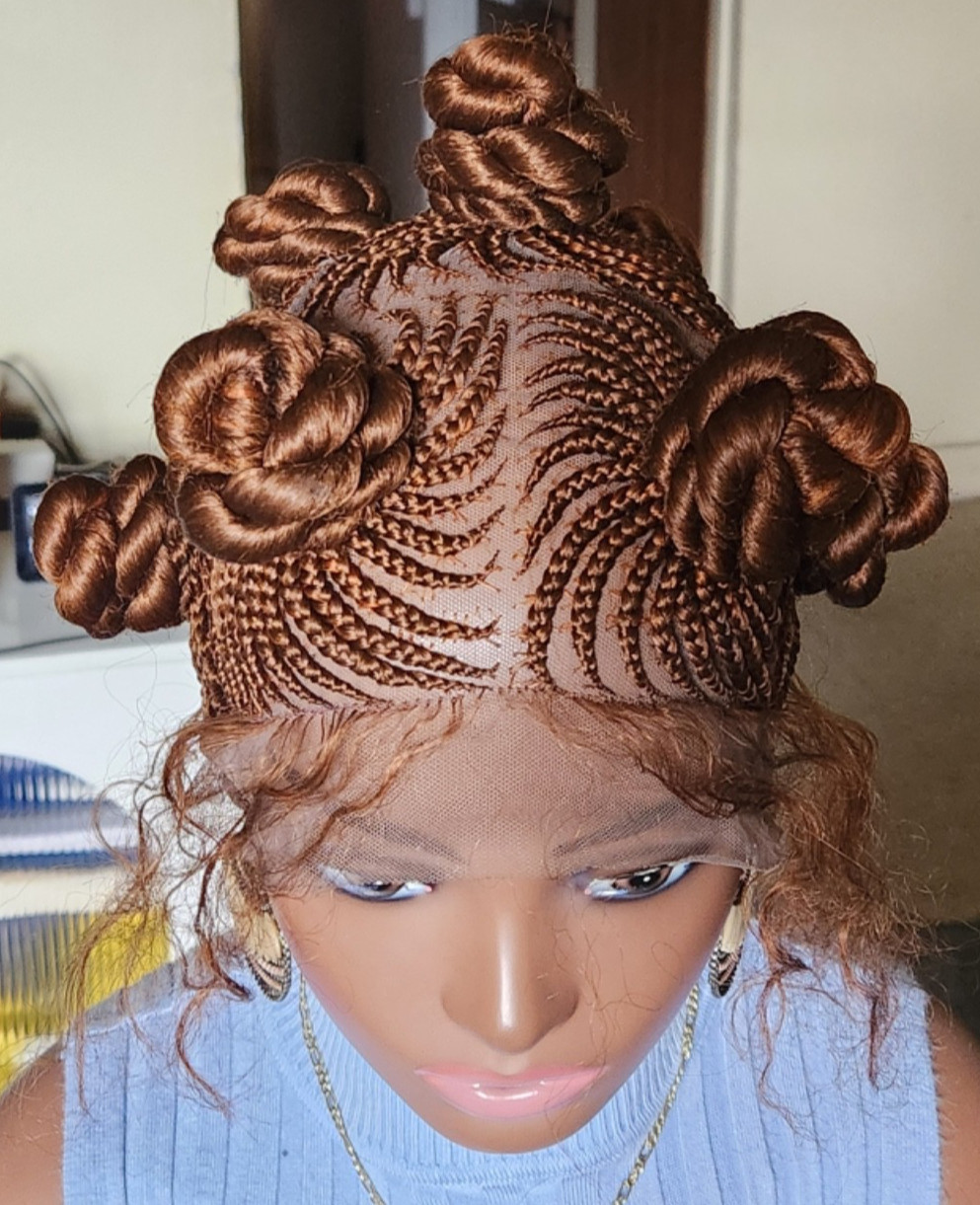 Handmade Bantu Knot Braided Full Lace Cornrow wig Brown