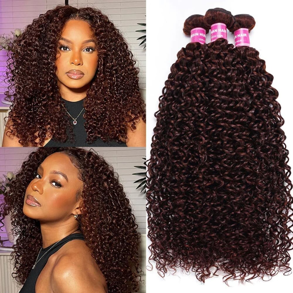 UNice Mongolian Reddish Brown Curly 3 Bundles Human Hair Weaves Cooper Red Wefts