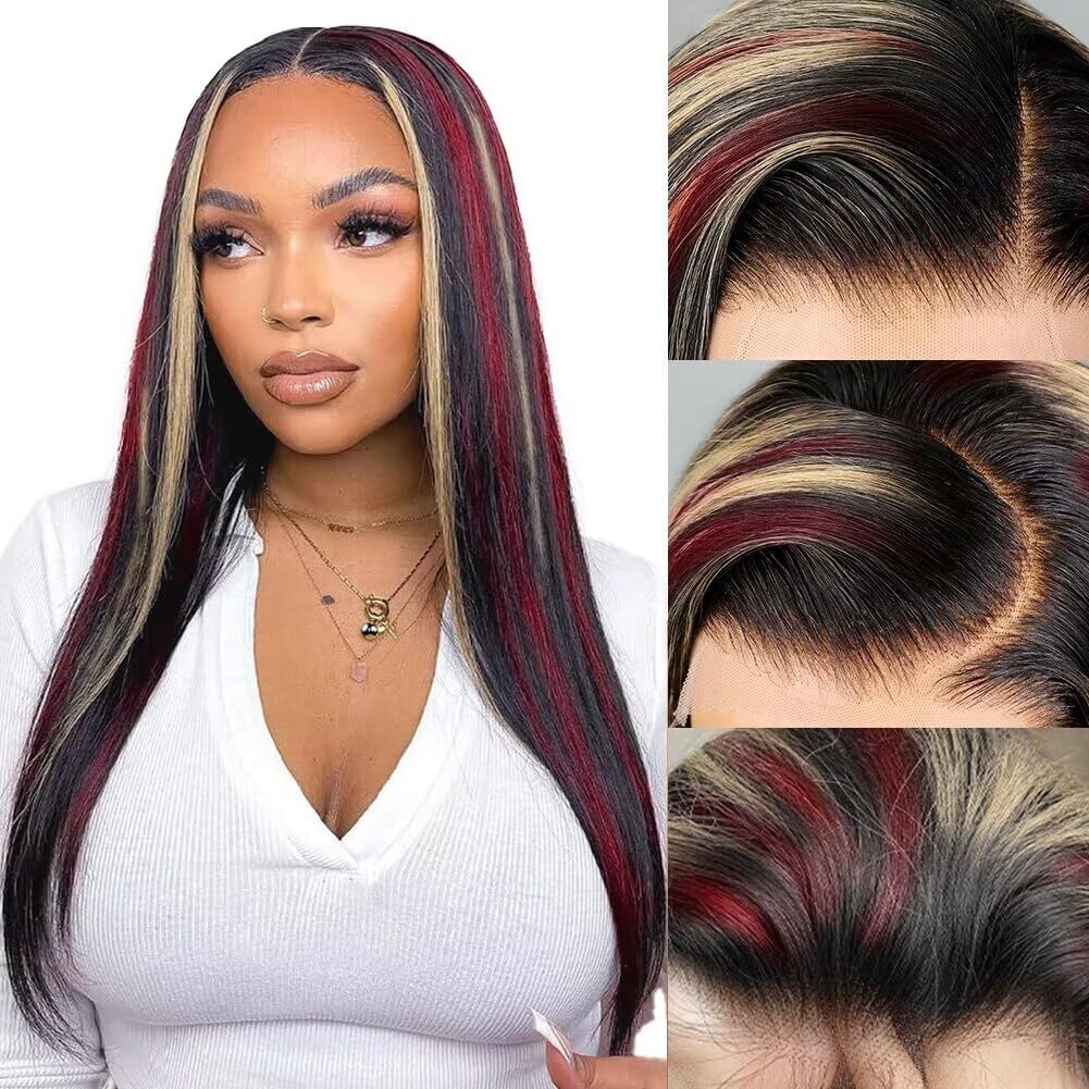 Red Blonde and Black Human Hair Wig 13×4 Skunk Stripe Lace Front Straight Wigs