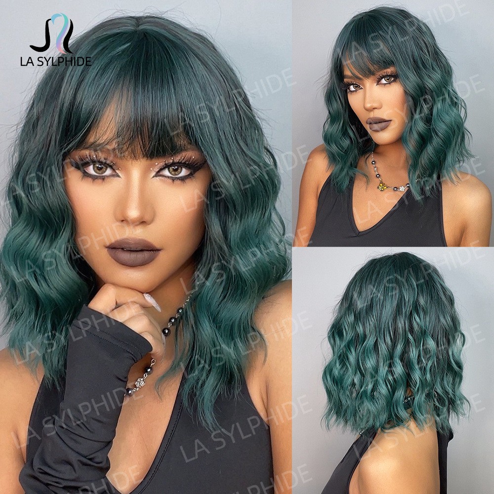 High Crown Brown Short Water Wave Wig with Bangs for Women Multicolor Synthetic