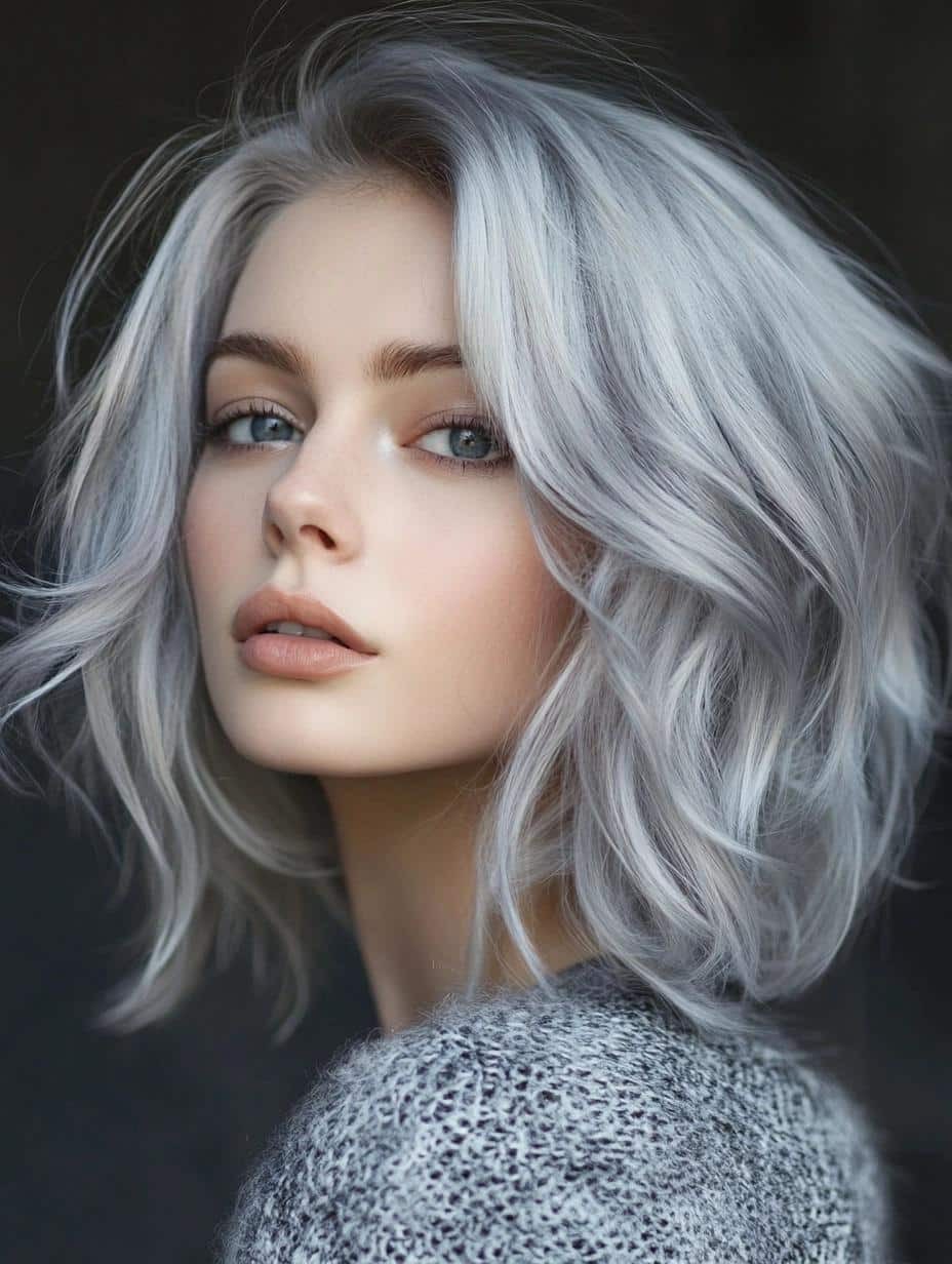 Short Ombre Silver Gray Wave 100% Human Hair Lace Front Wigs 22.5 Inch Cap Size