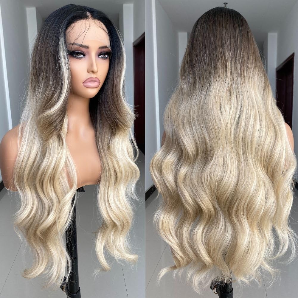 Lace Front Wig Human Hair Blend Ombre Brown Body Wave Wigs