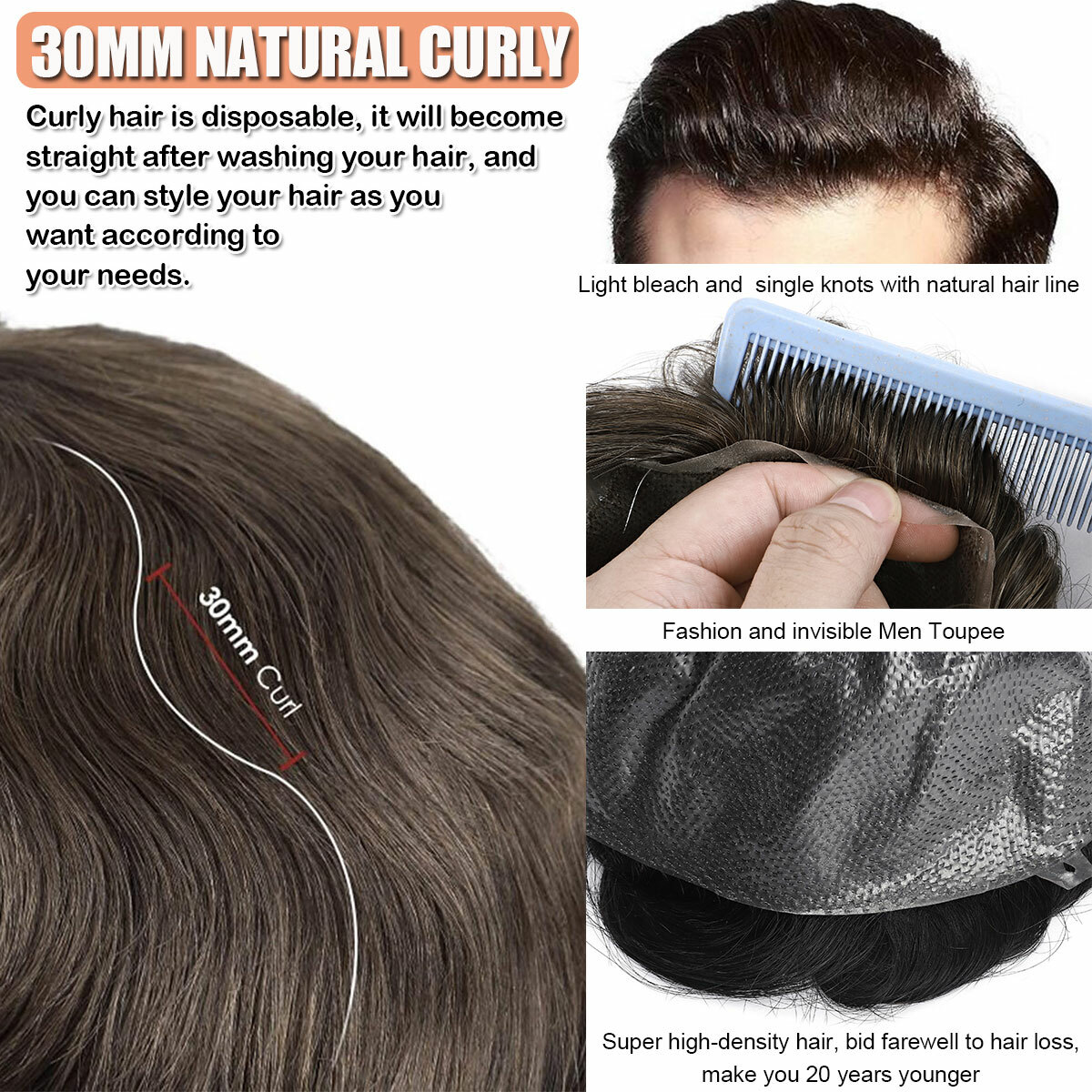 Men Toupee Human Hair Replacement System V-loop Super Thin Skin PU Hairpiece Wig