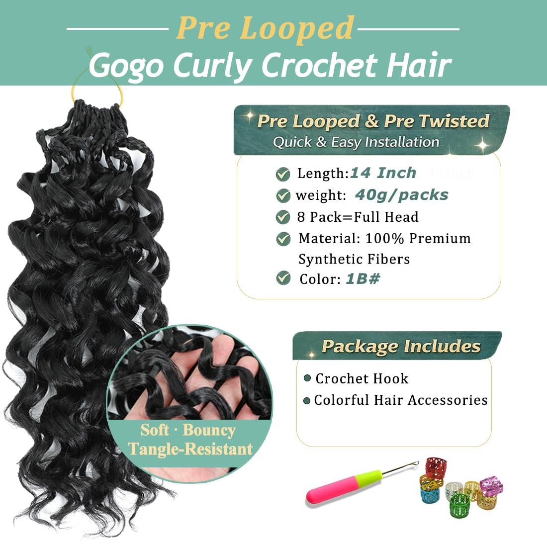 New Gogo Curl Crochet Hair Pre Looped 8 Packs 14 Inch(Pack of 8), 1B#