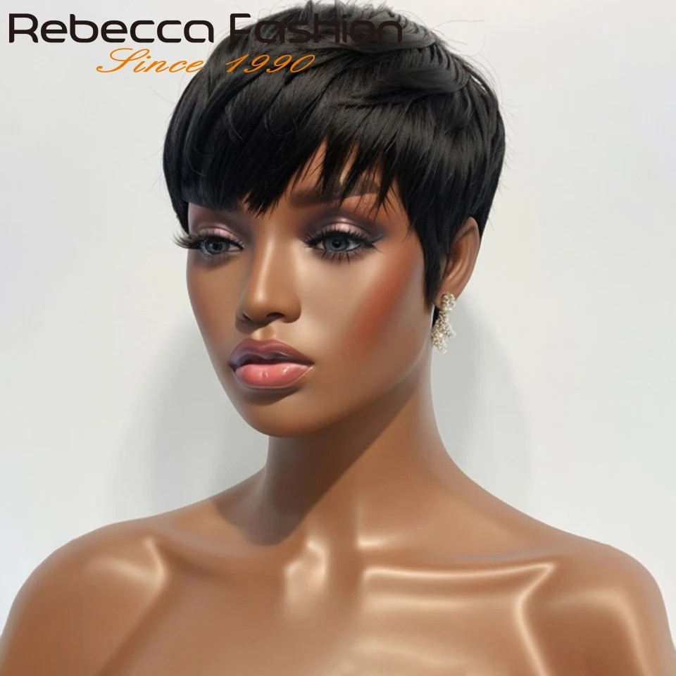 Pixie Short Cut Colored Straight Human Hair Wig Bangs Women Fashion Beauty Gift