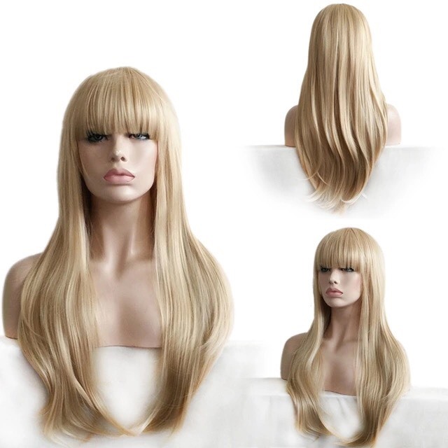 Custom Natural Light Blonde Full Straight Bangs Highlights Layer Wavy Womens Wig