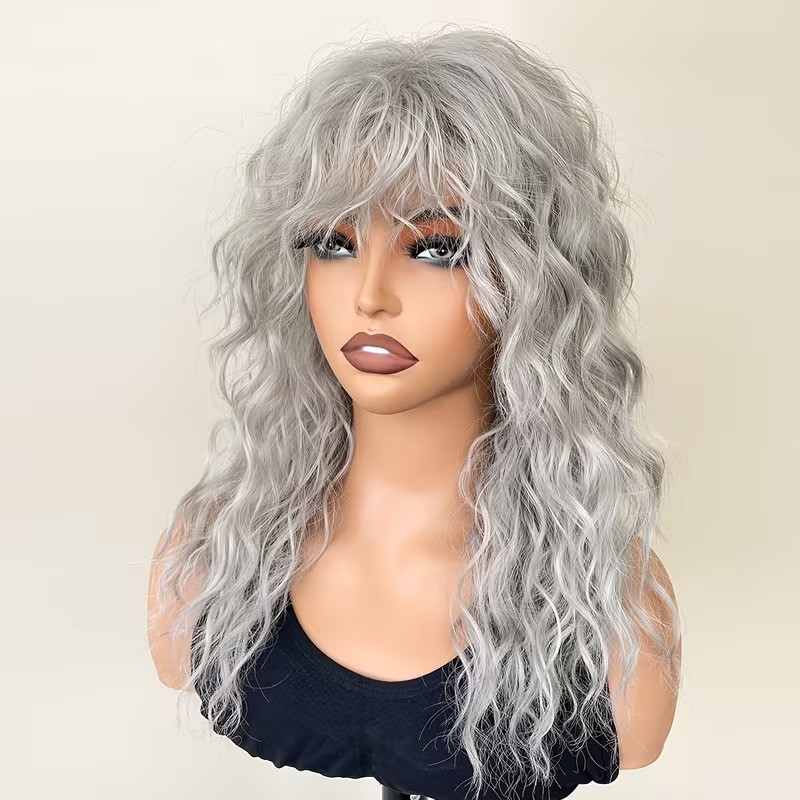 Women’s Gray White Fluffy Water Wave Long Curly Wig Heat Resistant Synthetic