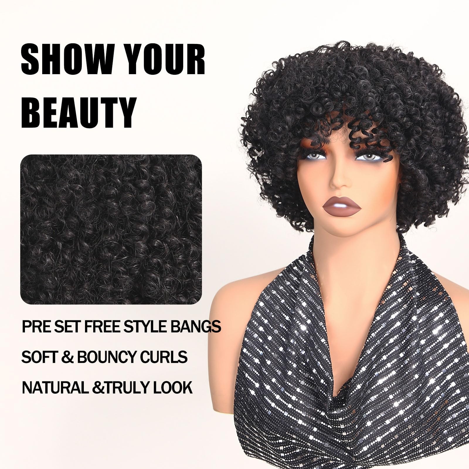 Short Wigs for Black Curly Afro 6 Inch Natural Black Big Bouncy Kinky Curly B…
