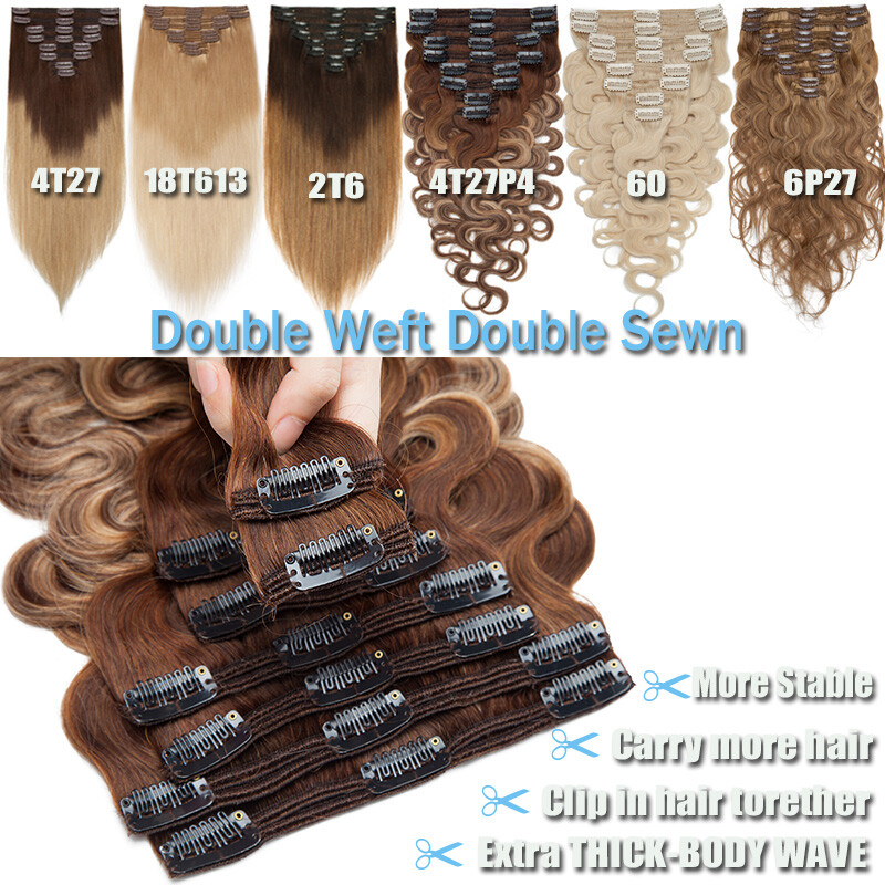 THCIK Double Weft Remy Human Hair Clip In Real Hair Extensions Full Head 8PCS US