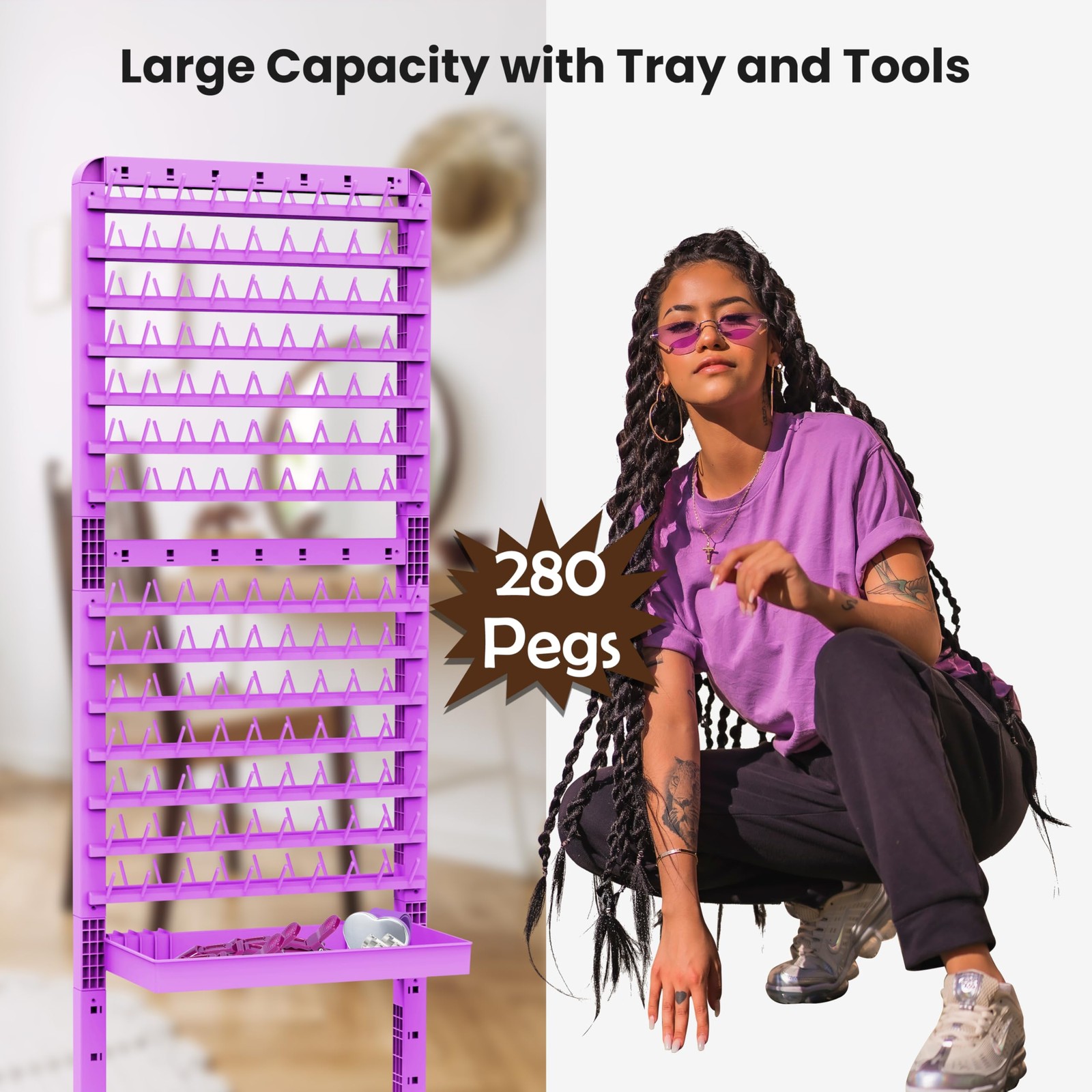 Braiding Hair Rack 280 Pegs with Tray and Braid Tools, Mobile Braid Rack with…