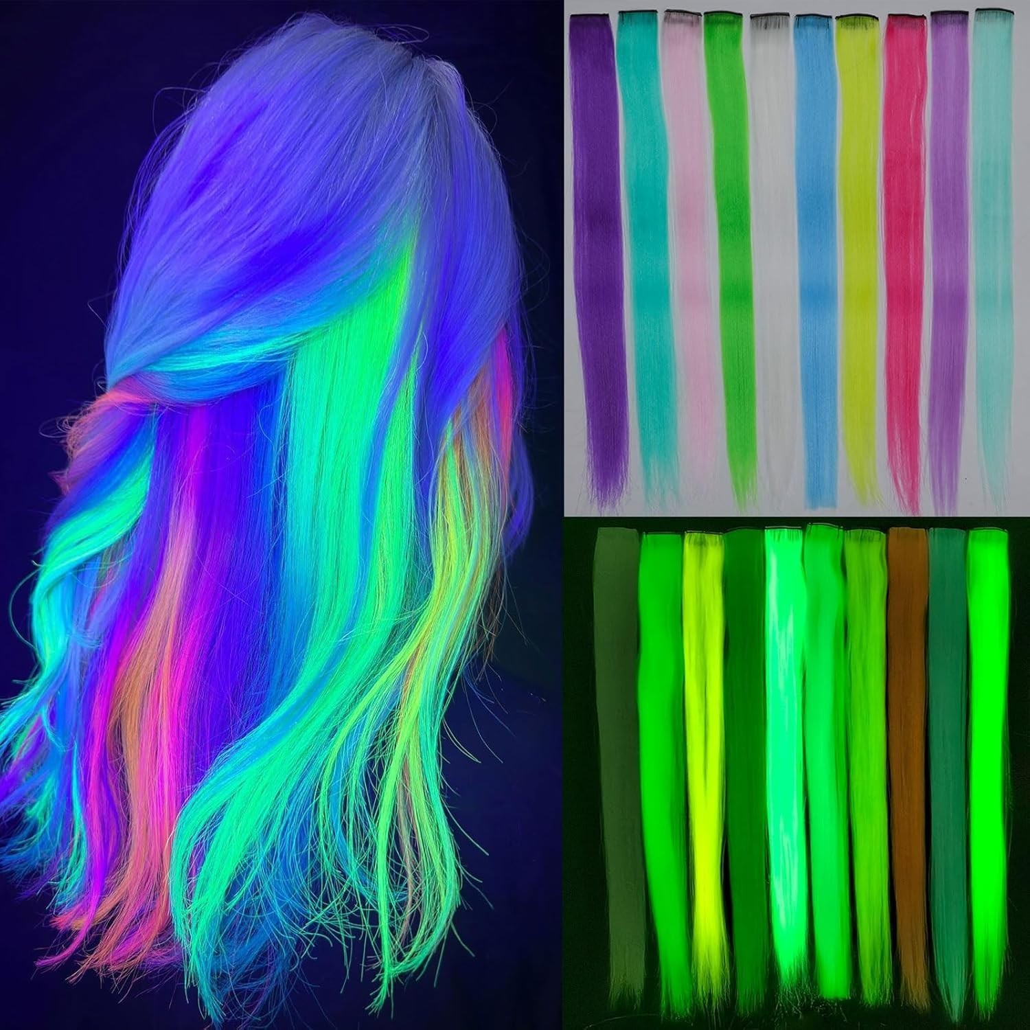 10 Pcs Glow in Dark Clip in Hair Extensions – 22inch Colorful Synthetic Rainb…