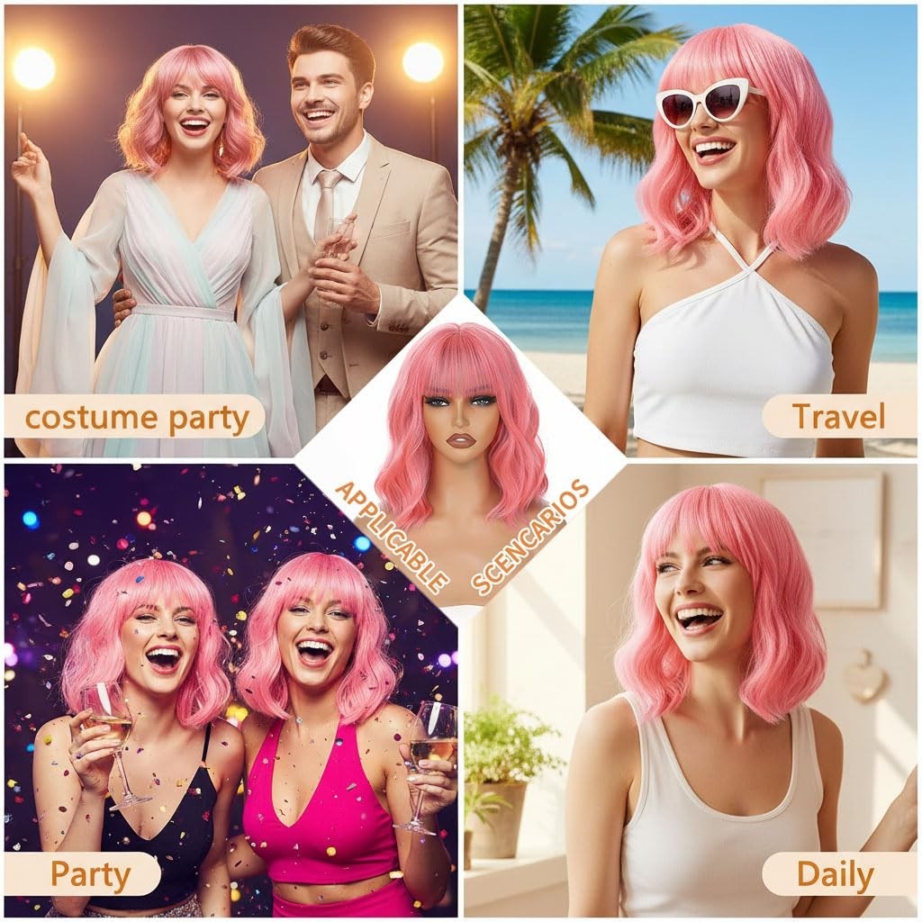 14″ Pastel Pink Wavy Bob Wig for Women Cosplay Party 166E424736