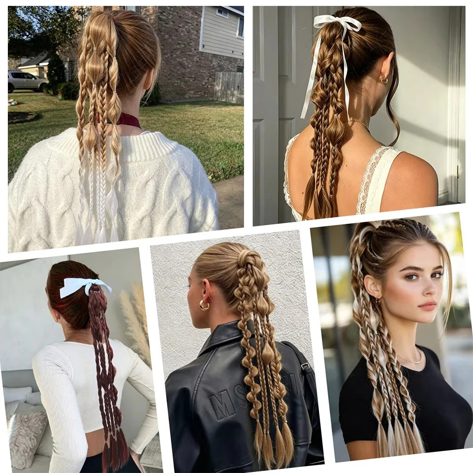 Lightweight Synthetic 24Inch Long Braided Bubble Ponytail Wig For Women Party