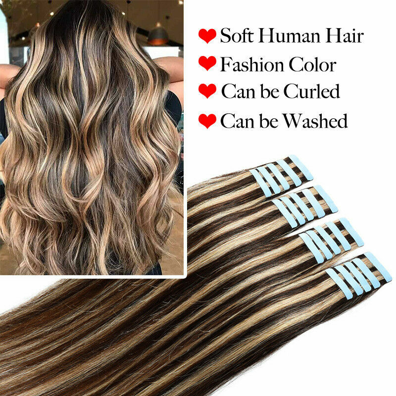 16″-24″ Tape In Hair Extensions Skin Wefts Remy Indian Human Hair Highlight 12A