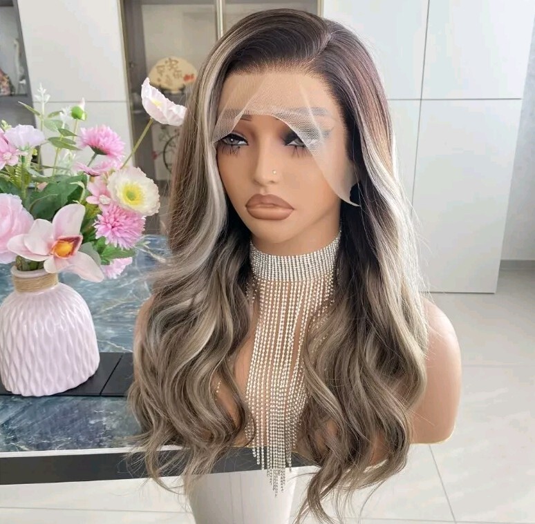 HD Lace Front Wig Human Hair Blend Highlights Straight Honey BROWN Blonde