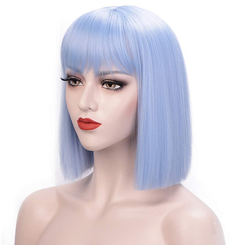 Straight Blue Short Hair Bob Wigs With Bangs Cosplay Party Halloween