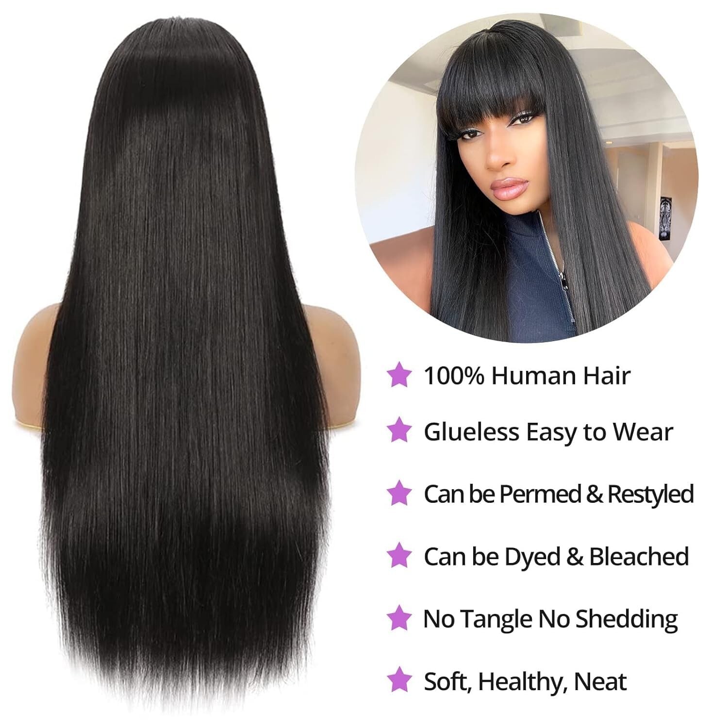 Poshance Straight Wigs with Bangs Human Hair Glueless Machine Made 20″
