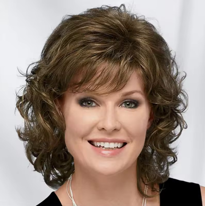 Women’s Short Curly Synthetic Hair Wig with Bangs Blonde Grey Brown Shoulder Len