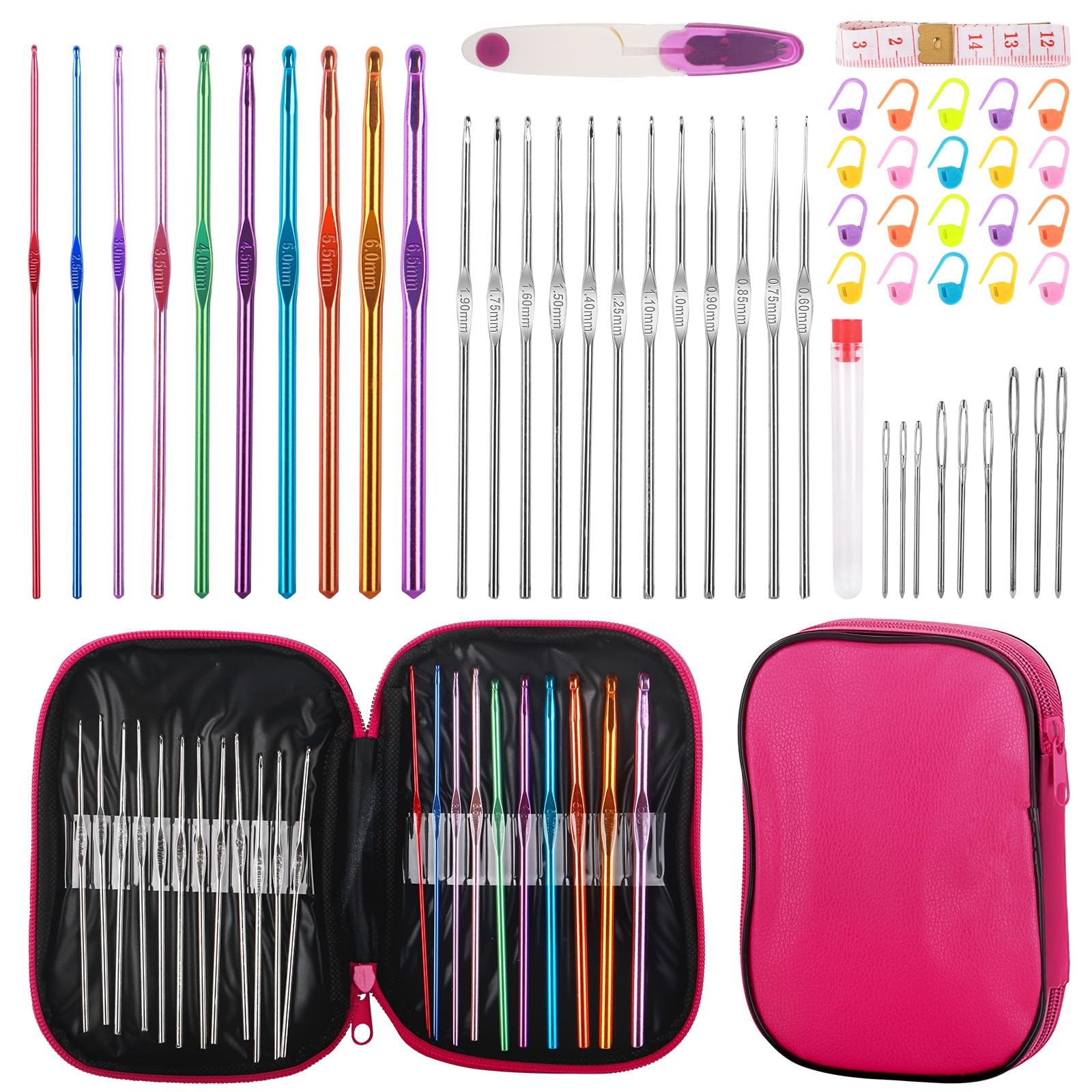 MECHEER Crochet Hooks Set, 54 Pack Needles 0.6Mm To 6.5Mm, Rose Red