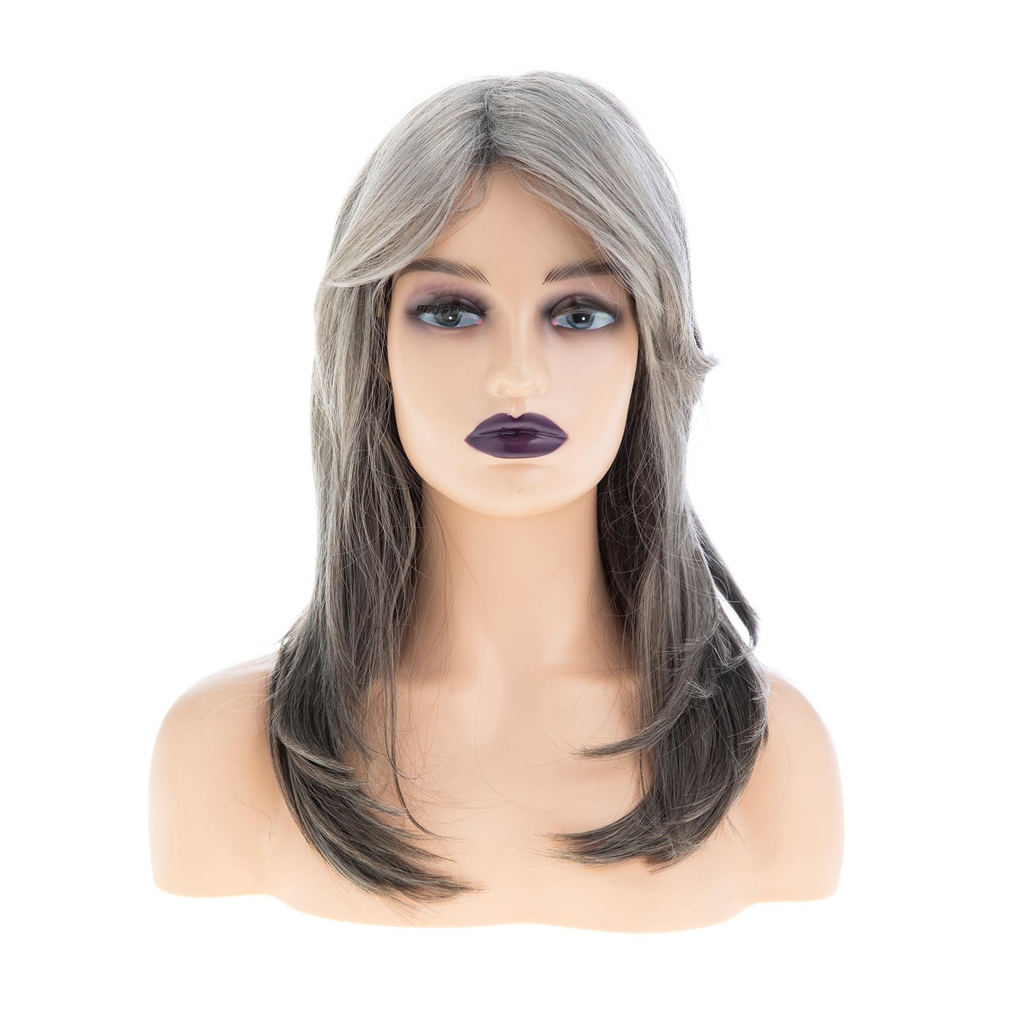 Womens Long Straight Grey Layered Synthetic Hair Wigs with Bangs