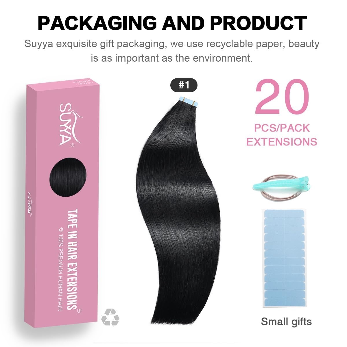 100% Remy Hair Tape Extensions – 20pcs Jet Black, 12 Inch, Tangle-Free