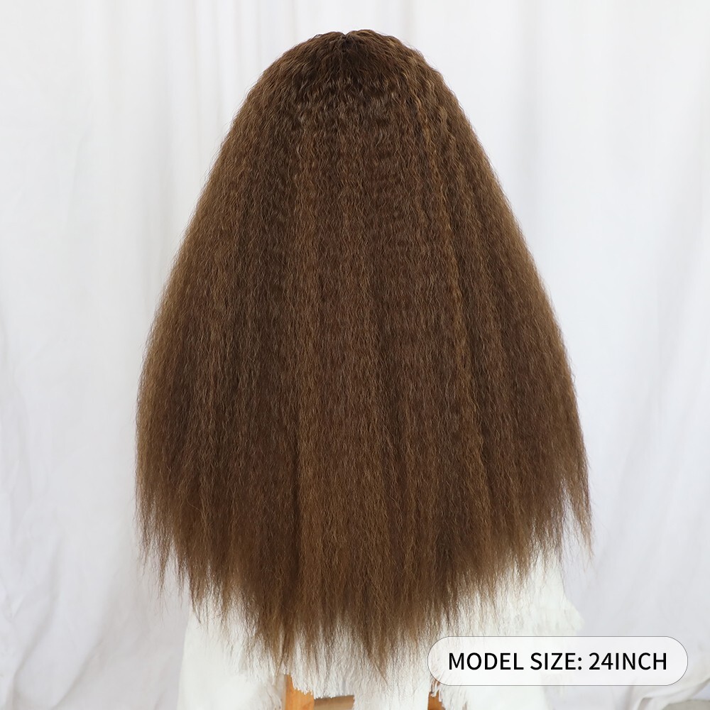 Kinky Straight Lace Front Wigs Synthetic Brown Human Hair Natural Pre Plucked