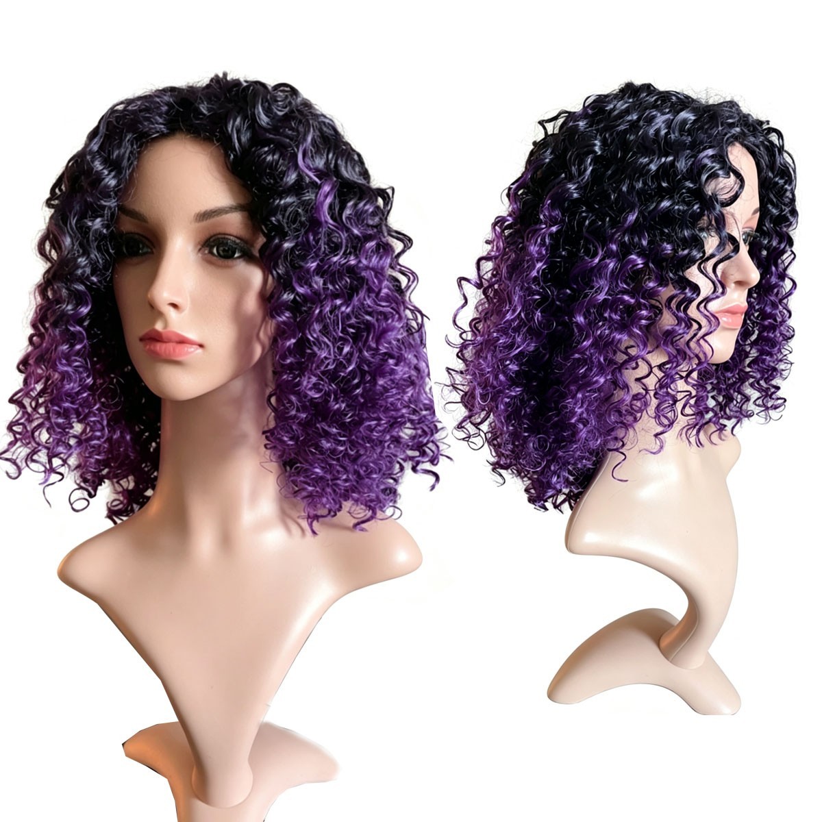 Afro Black Ombre Purple Short Curly Synthetic Hair Wig for Women Daily