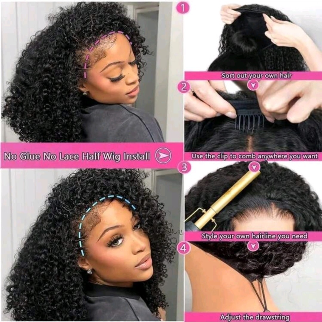 3 In 1 Kinky Curly Half Wig Human Hair Wear Go Glueless Wigs Human Hair 180 14in