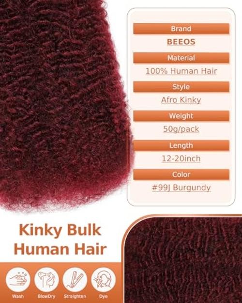 Afro Kinkys Bulk Human Hair, 4C Curly for Braids 50gram, 12 Inch #99J Burgundy