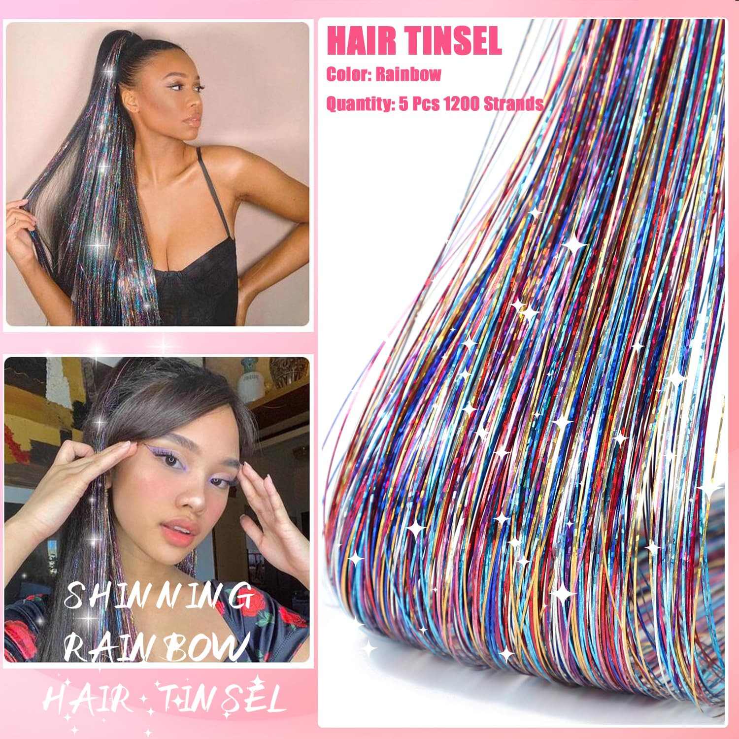 Hair Tinsel, (48 Inch 5Pcs 1200 Strands) Colorful Glitter Tinsel Hair Extensions