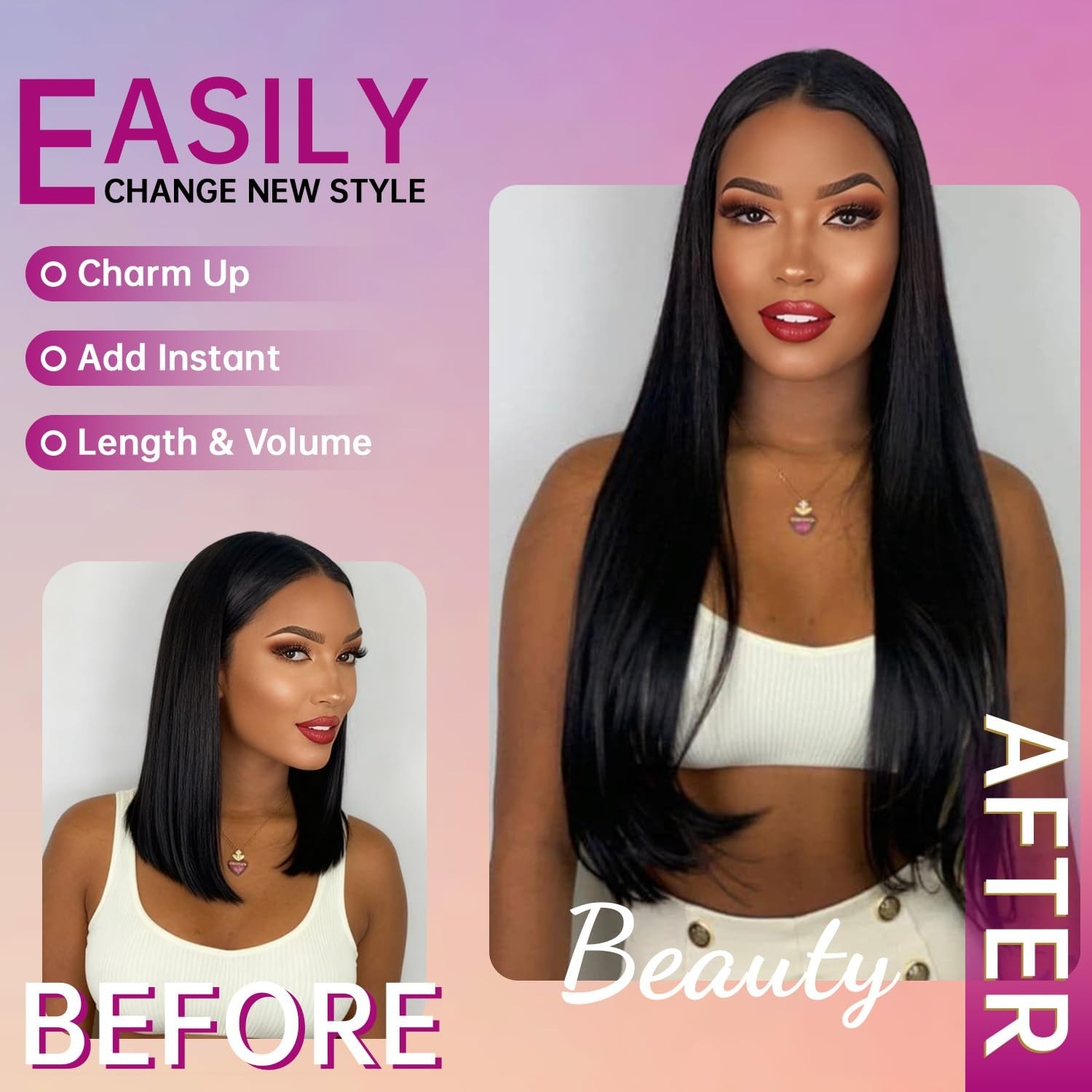 26″ Natural Black Clip-In Hair Extensions – 8pcs Seamless Remy Human Hair, Invis
