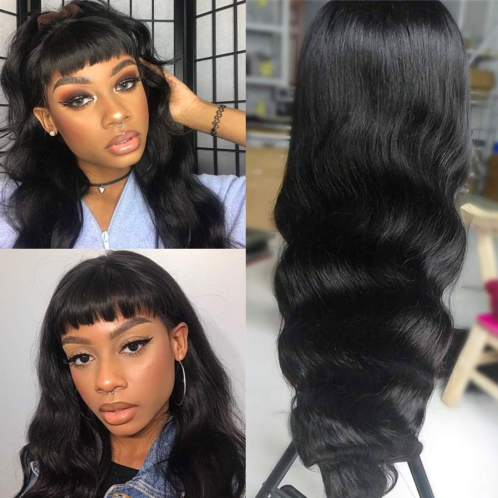 Body Wave Wig with Bangs Machine Made Wig with Bang Human Hair Glueless Wigs