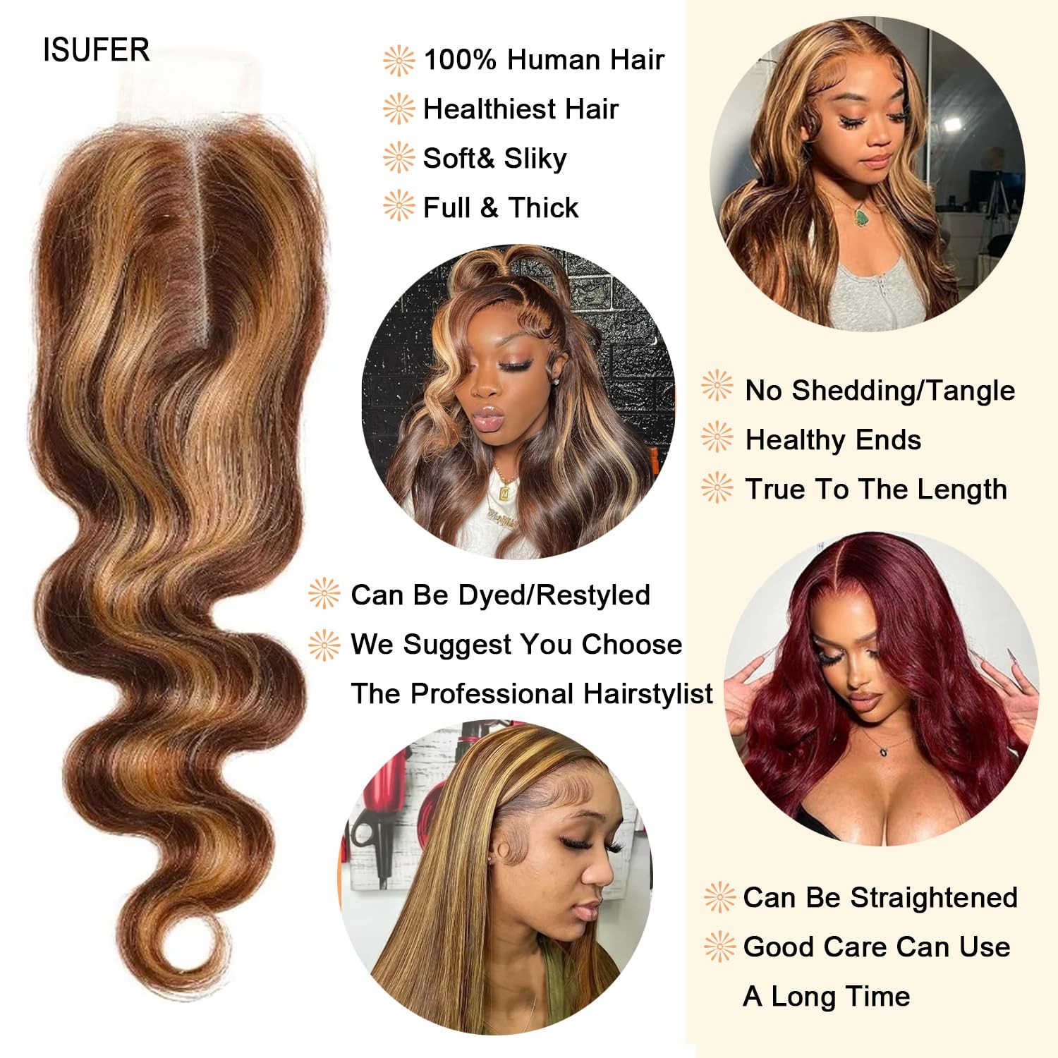 Isufer 2X6 Closure Hd Transparent Lace P4/27 Highlight Honey Blonde Closure