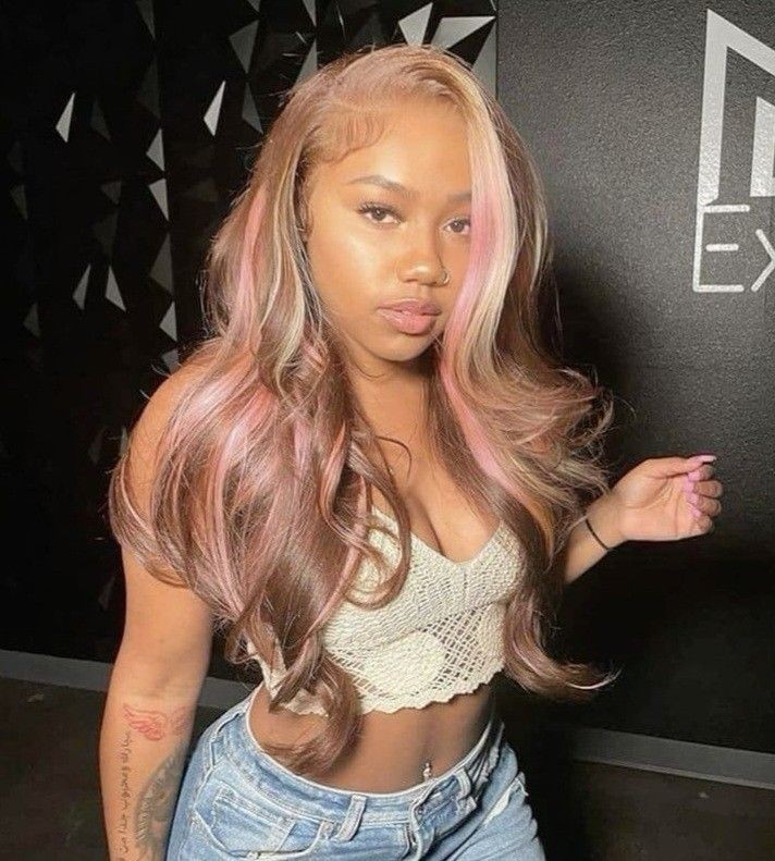 Pink Blonde Brown Stripe Wavy Wigs 3 Tones Lace Front 100% Human Hair Wigs