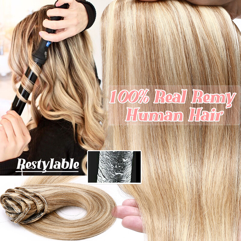 Smooth 8Pieces Clip In Human Remy Hair Extensions 100% Real Full Head Blonde USA