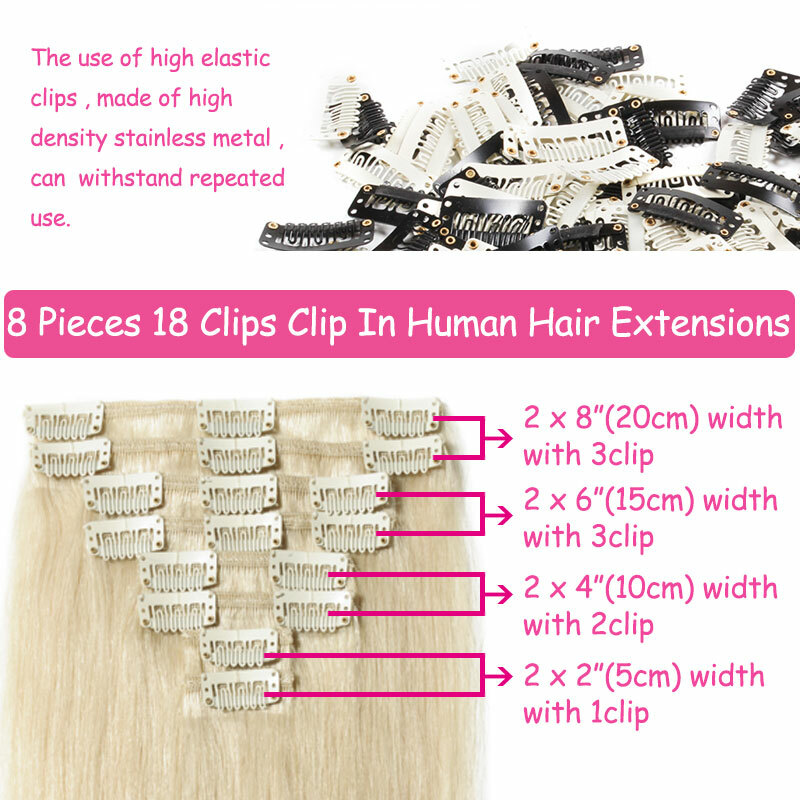 Smooth&Soft 100% Human Hair Extensions 8 Pieces Clip In Real Remy Hair FULL HEAD