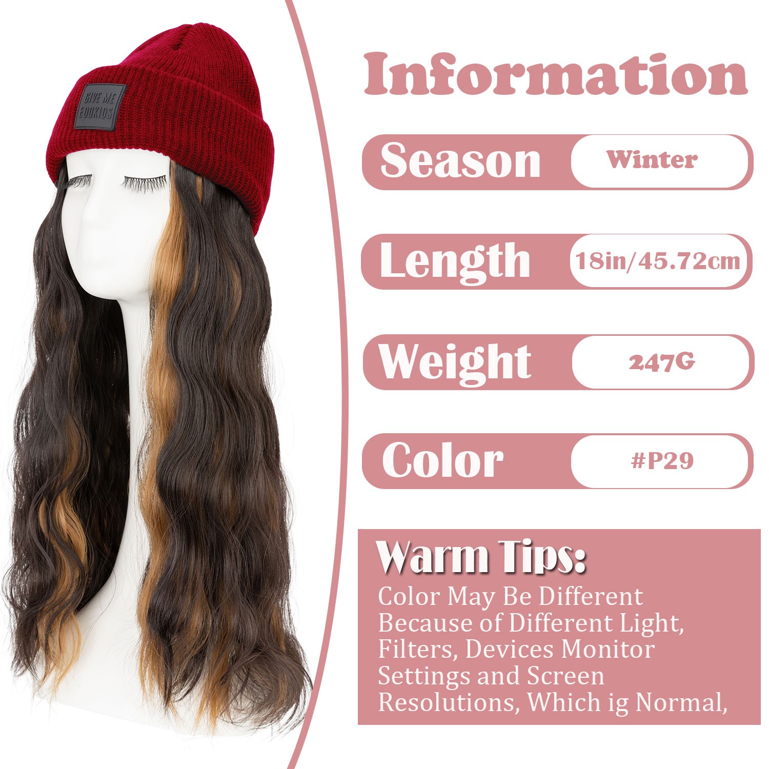 Winter Synthetic Women Long Wavy Beanie Knitted Hat Wig with Synthetic Hair Wigs