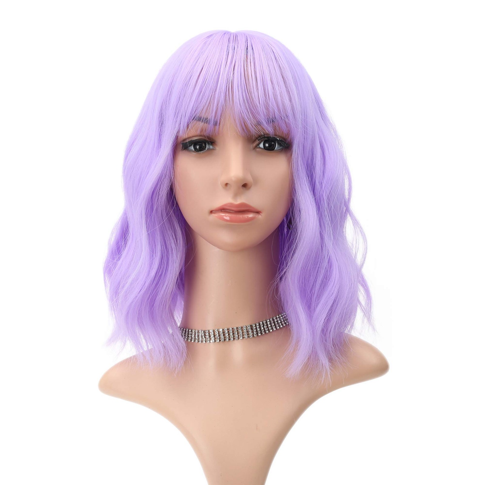 Short Wavy Purple Wigs With Air Bangs Shoulder Length Wig For Women Girls Cur…