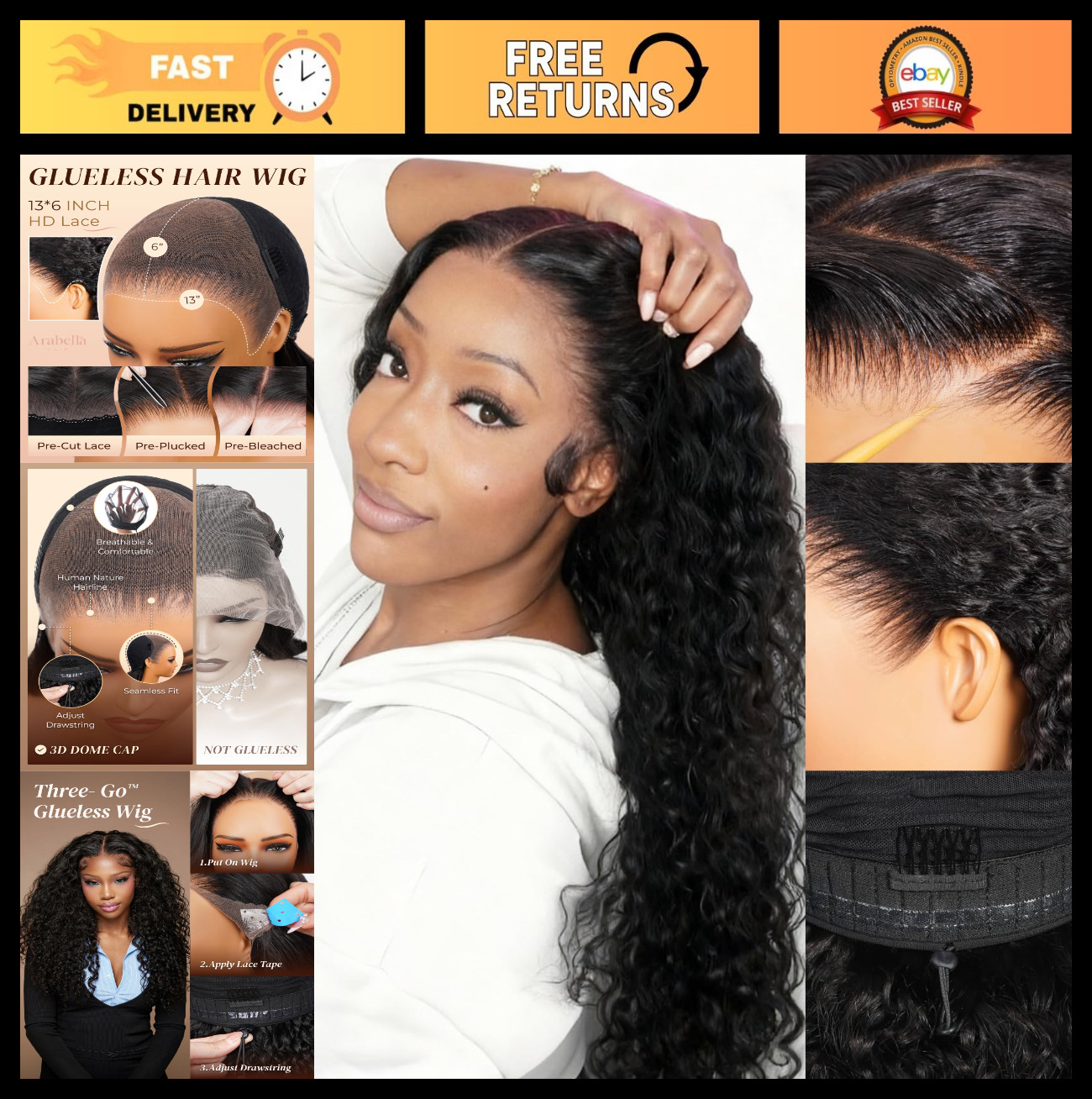13×6 Deep Wave Lace Front Wig – 210% Density, Glueless, Pre-Plucked, 20″ Water W